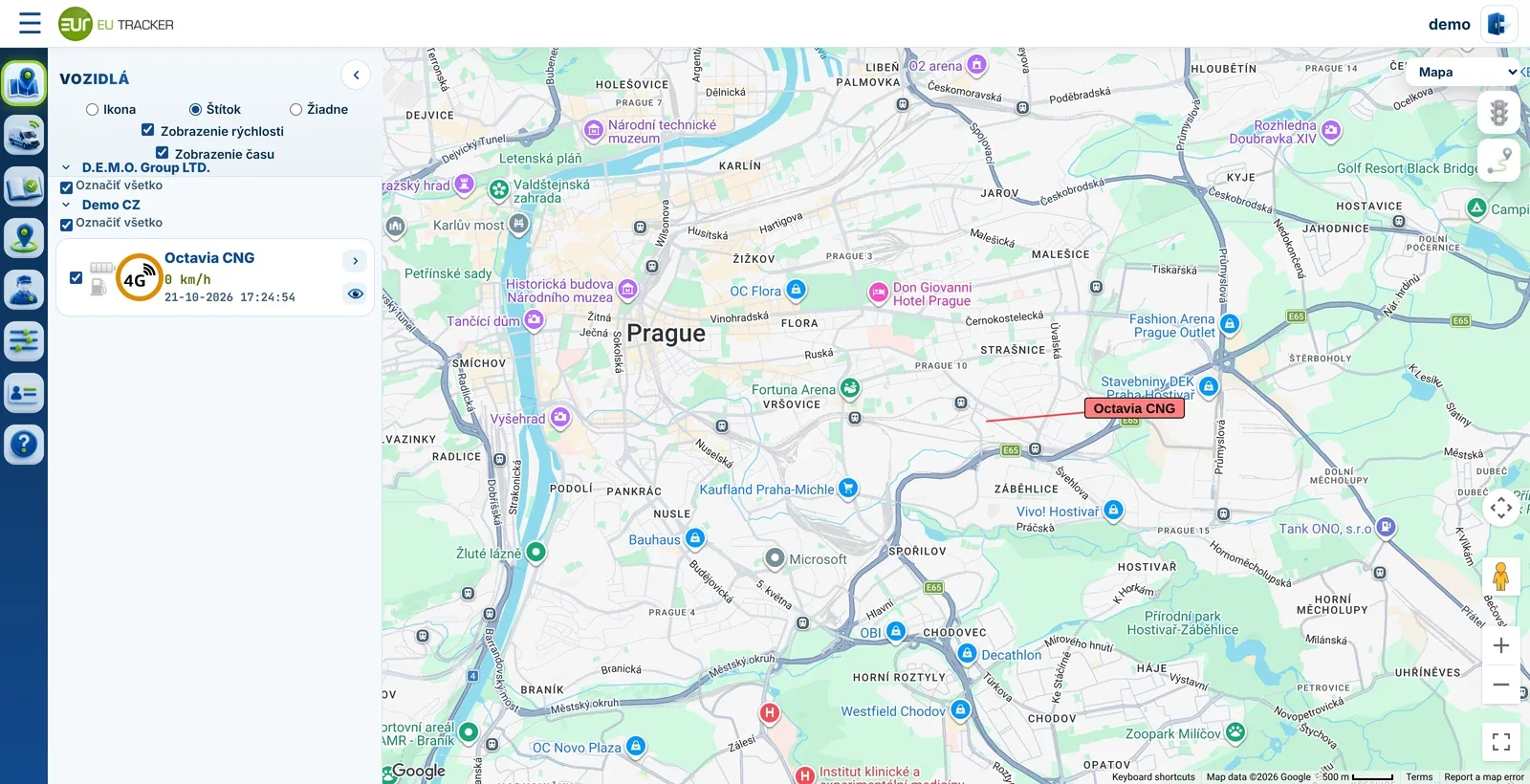 Webová aplikácia EUTRACKER – poloha vozidiel na mape